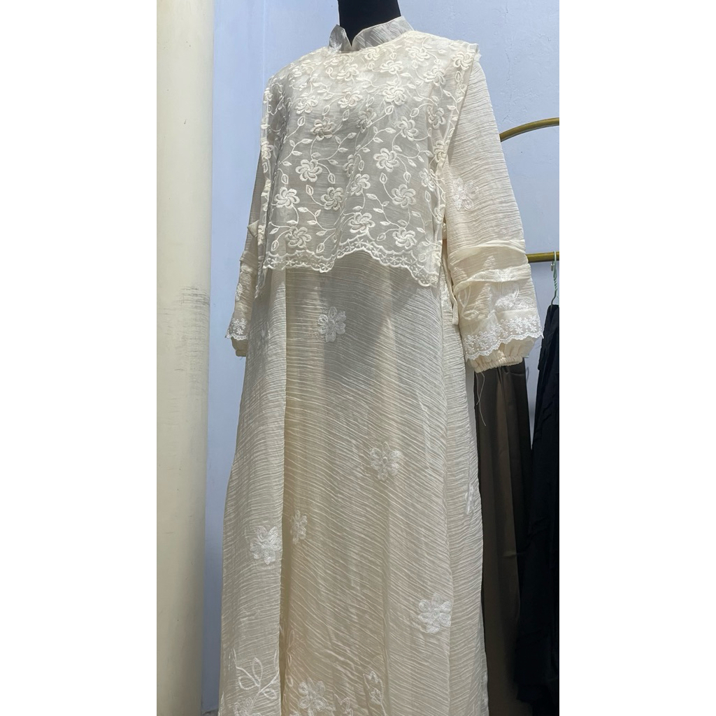 Dress brokat / Gamis kondangan Bahan Brukat Tile Bunga Bordir Gamis putih Kasual Kondangan Wisuda