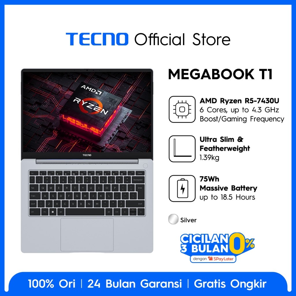 TECNO MEGABOOK T1 R5 - 16GB+512GB, AMD Ryzen 5-7430U, 100%SRGB Display, 75Wh Battery, 65W Type-C GaN