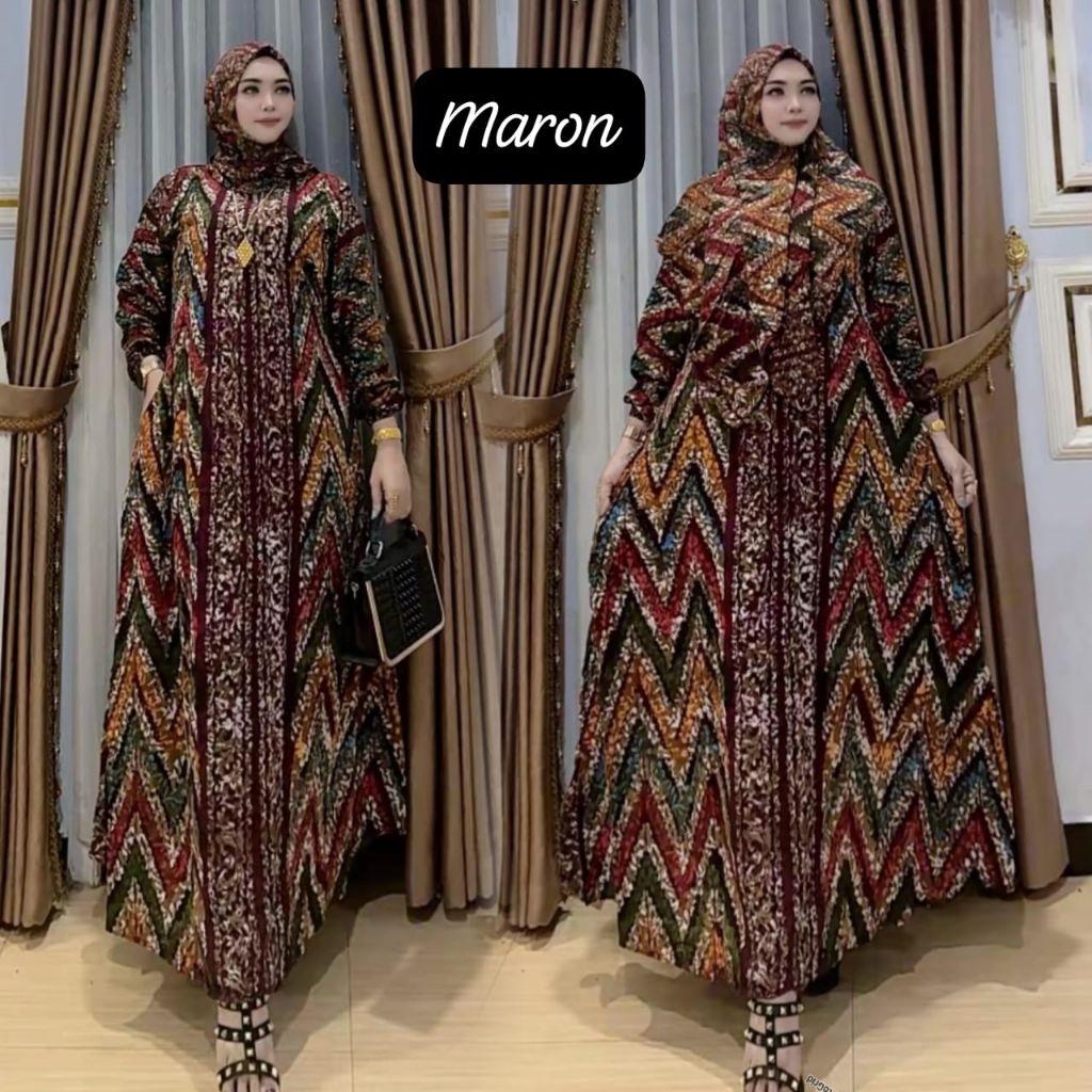 gamis dress storjoan set hijab motif batik bahan rayon tuwil