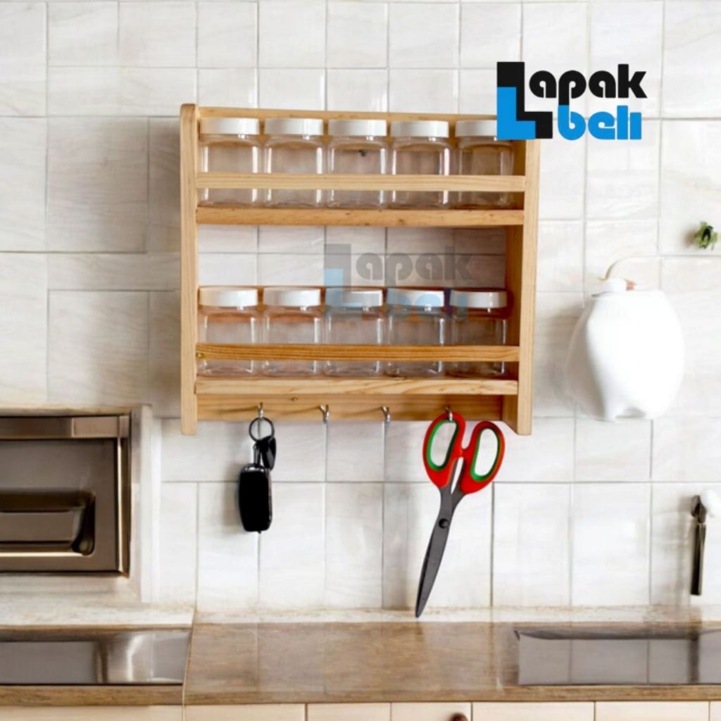 Rak Bumbu Kayu Gantung / Rak Dinding Kayu 10 Toples / Tempat Bumbu Dapur Serbaguna