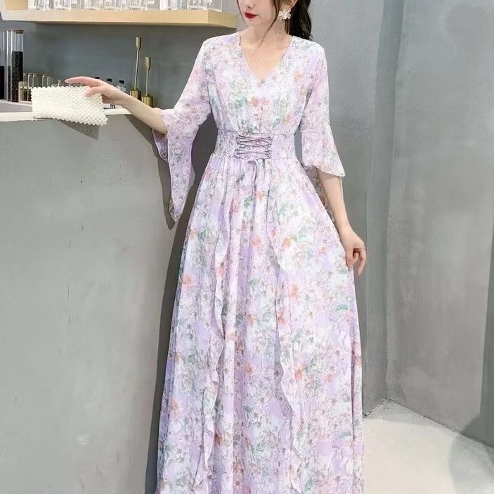 MAOMAO Rafifah Maxi Dress Motif Bunga Gamis Wanita Muslim Korean Style