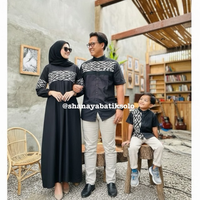 Shanaya Baju Batik Fashion Ramadhan Couple Set Gamis Kemeja Koko Dewasa dan Anak Bahan tenun kombina