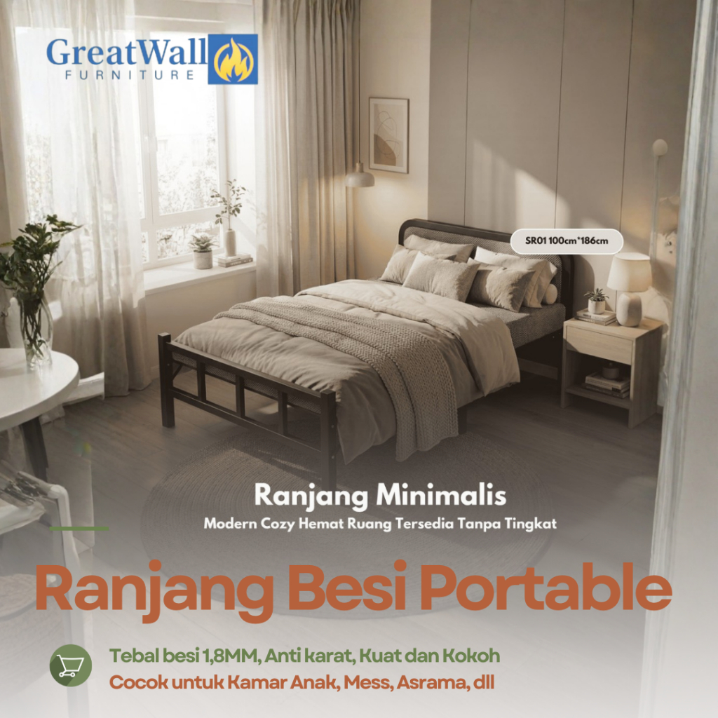 Tempat Tidur Besi Lipat Portable Nyaman Kuat Minimalis Tempat Tidur Single Rangka Besi Kokoh