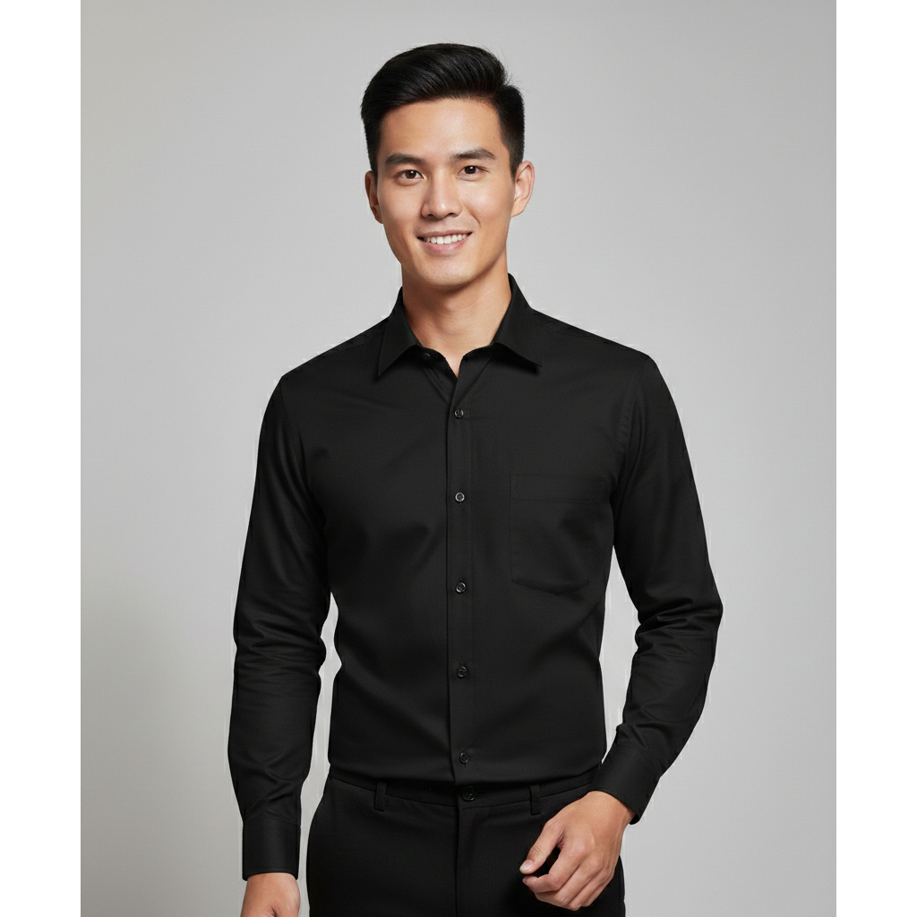 Kemeja Hitam Polos Black Shirt Pria MOC Lengan Panjang Slimfit Bahan Halus Adem Berkualitas KMS 07