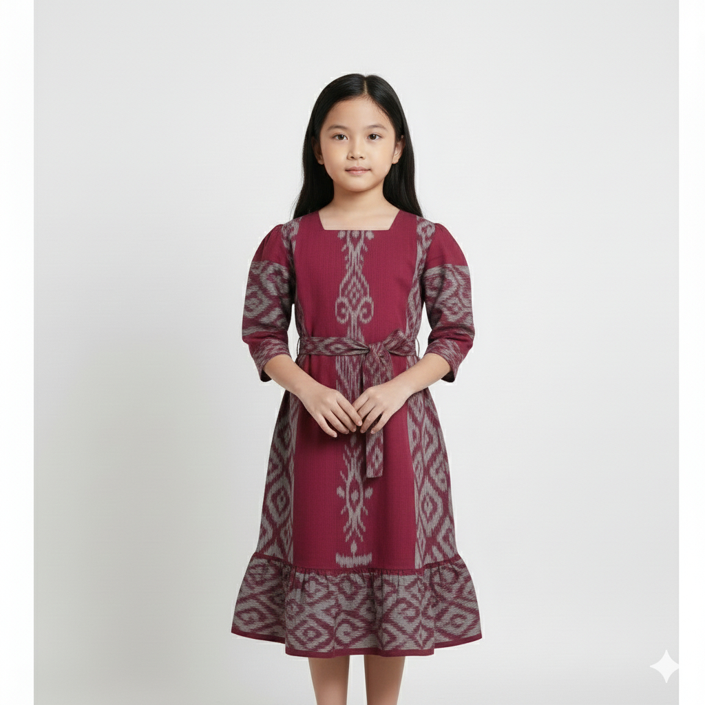 Dress Anak Perempuan Tenun Maroon Etnik Lengan 3/4