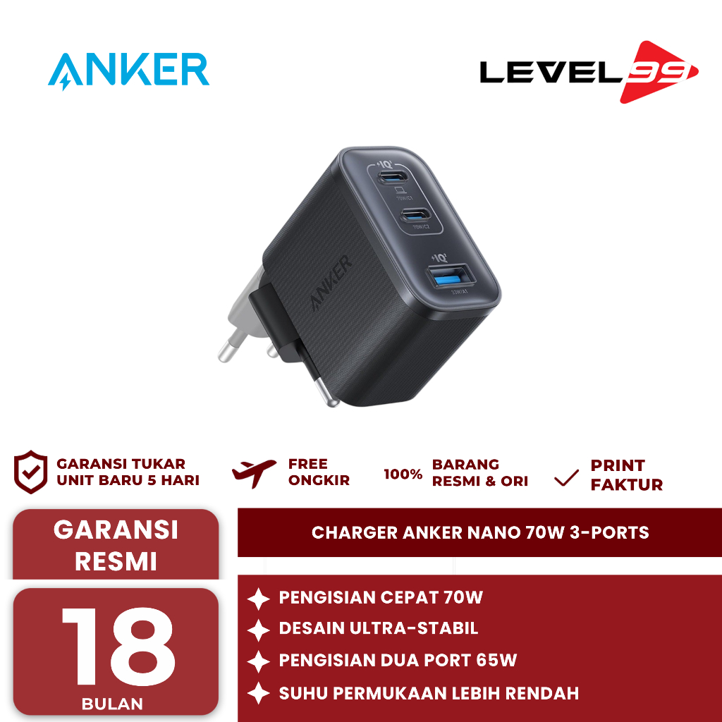 Charger ANKER Nano 70W 3-Ports - Anker Nano 70W Gan Double-Gan Portable Charger Fordable Fast Chargi