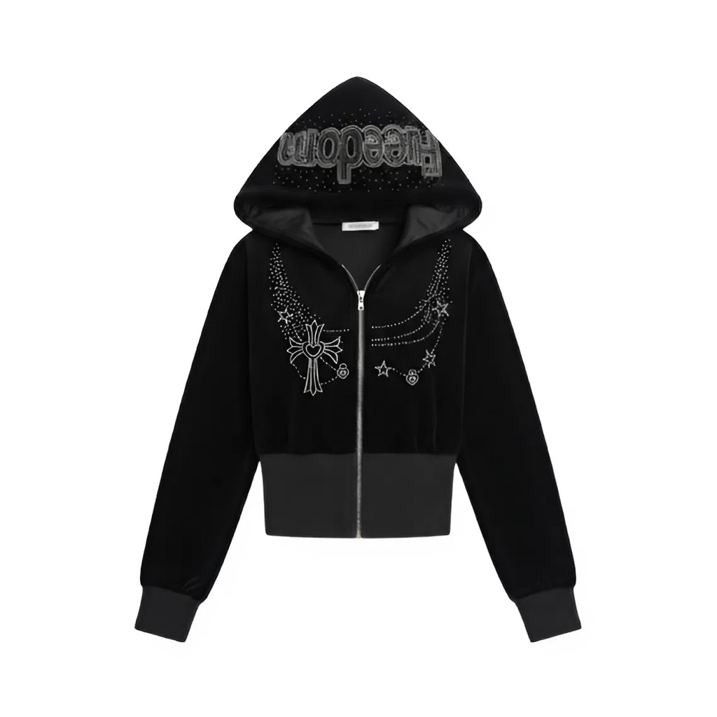 Stellar Gothic Velour Hoodie Rhinstone