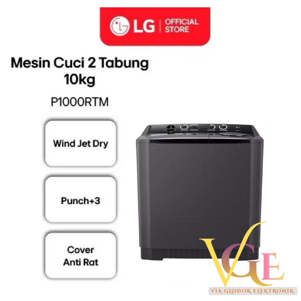 LG Mesin Cuci 2 Tabung 10Kg P1000RTM / P 1000 RTM  HITAM LG MESIN C....