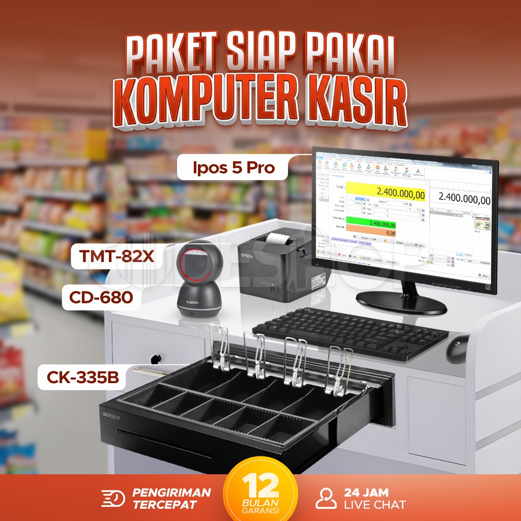 Paket Komputer Plus iPos 5 Pro Printer Struk Thermal Epson 80mm Scanner Barcode Codeshop Laci Uang