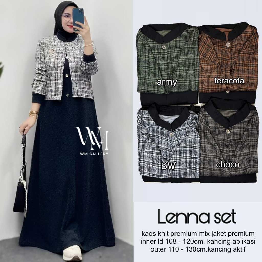 Lenna Set - Gamis Dress Set Rompi Outer Motif Kotak Kotak Kekinian Elegan Bahan Knit Premium XL