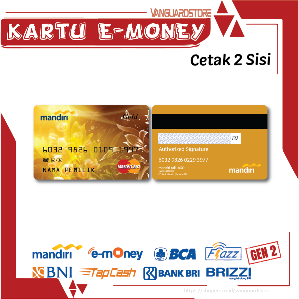 KARTU E MONEY DEBIT CREDIT MASTERCARD GOLD EMONEY MANDIRI FLAZZ BCA BNI TAPCASH BRIZZI BRI - 2 SISI