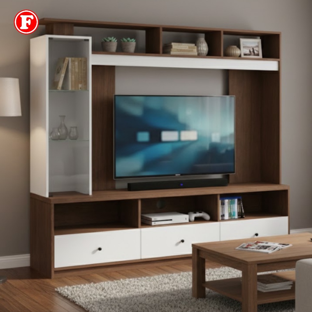 Lemari TV 170cm Warna Coklat Putih – Rak Display Hiasan & Penyimpanan Serbaguna - LH 170 || FELINI