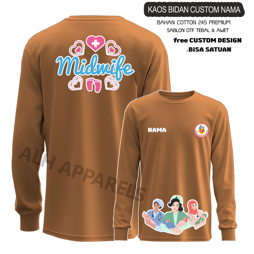 Kaos Midwife Lengan Panjang Cotton Combed 24s Premium Free Custom Nama Sablon DTF Baju Bidan Wanita 