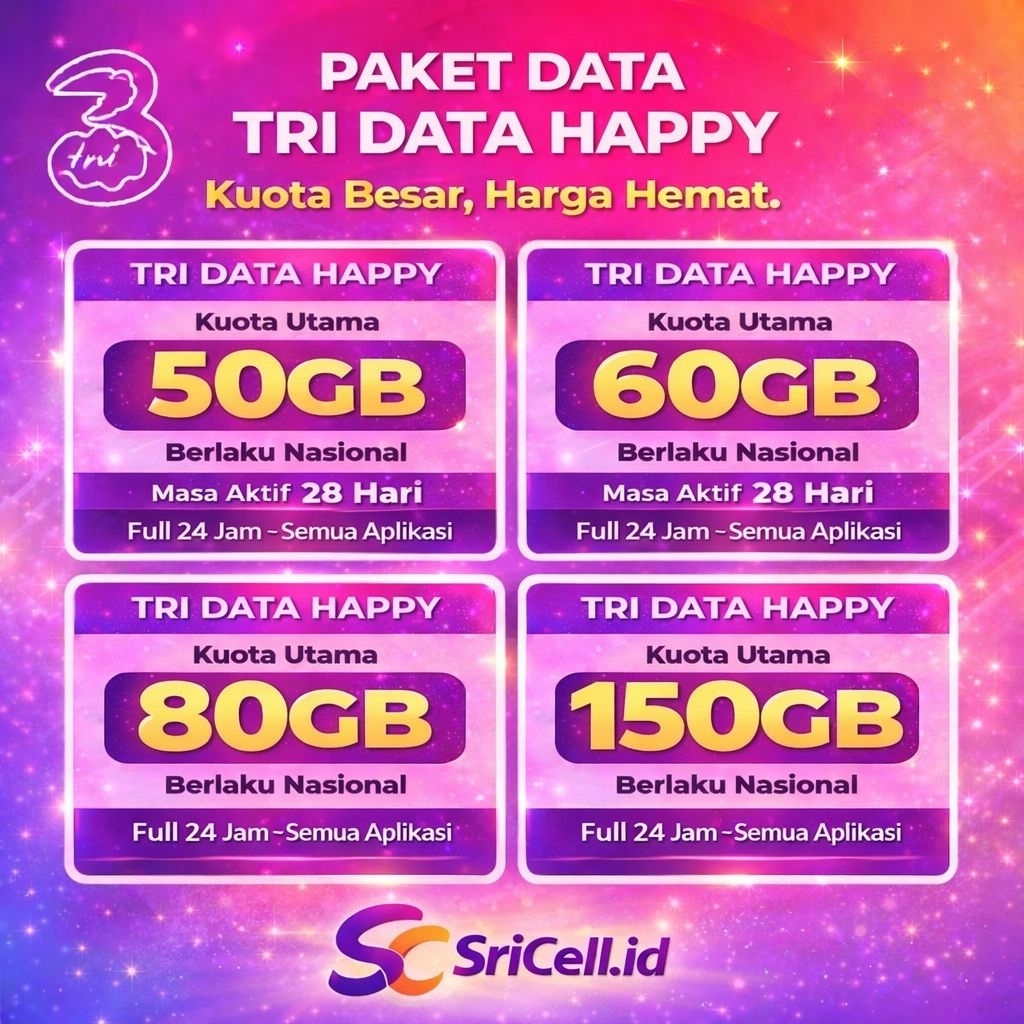 PAKET DATA TRI HAPPY MURAH 28 HARI FULL 24 JAM NASIONAL 20 GB 50GB 60GB 80GB 150GB