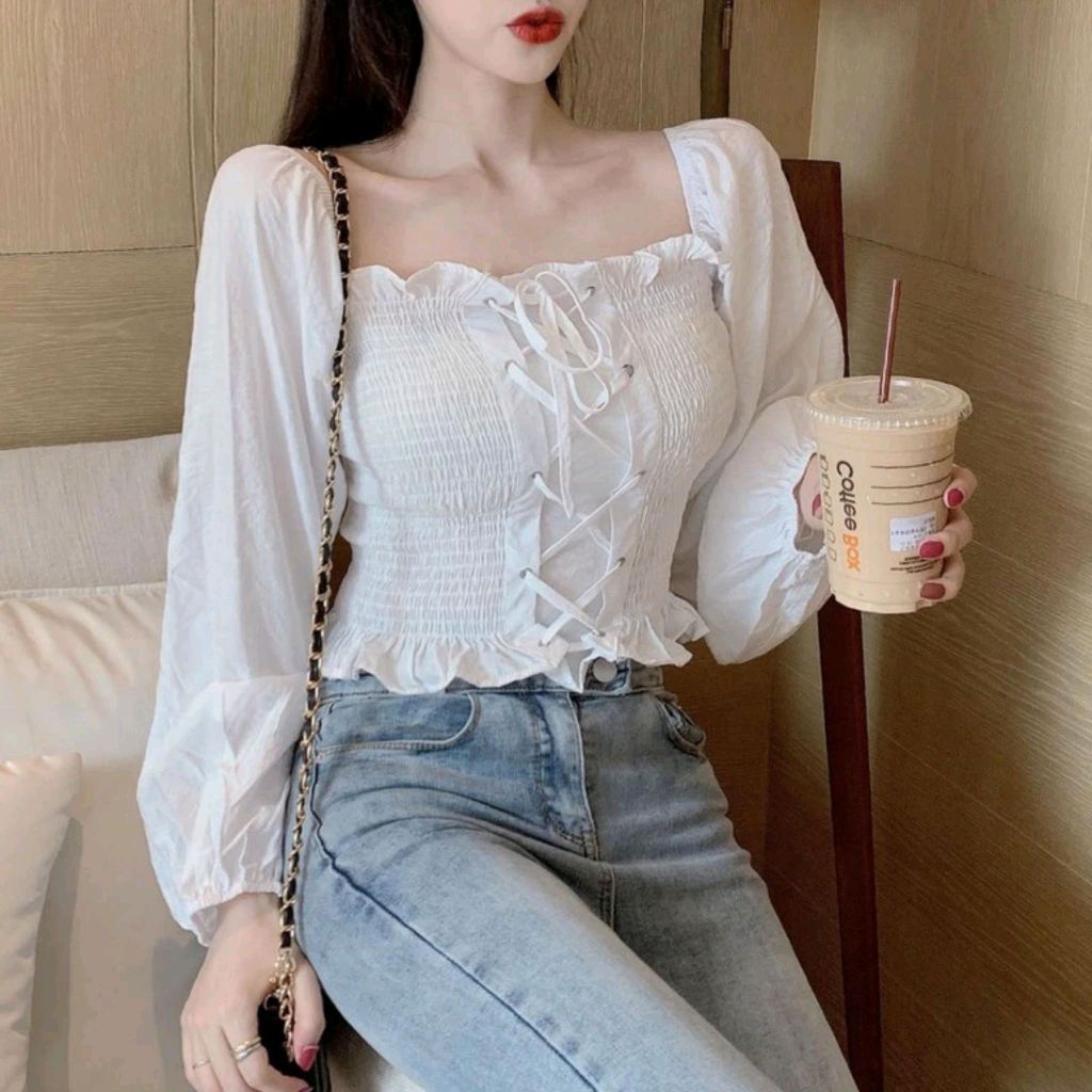 ROPE BLOUSE blus atasan crop top sabrina lengan panjang white putih wanita korea style import