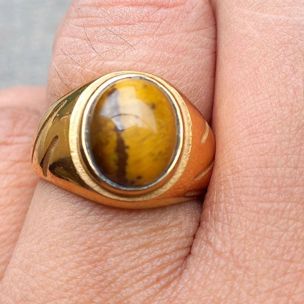Cincin Batu Natural Tiger Eye Ring Titanium Super mewah