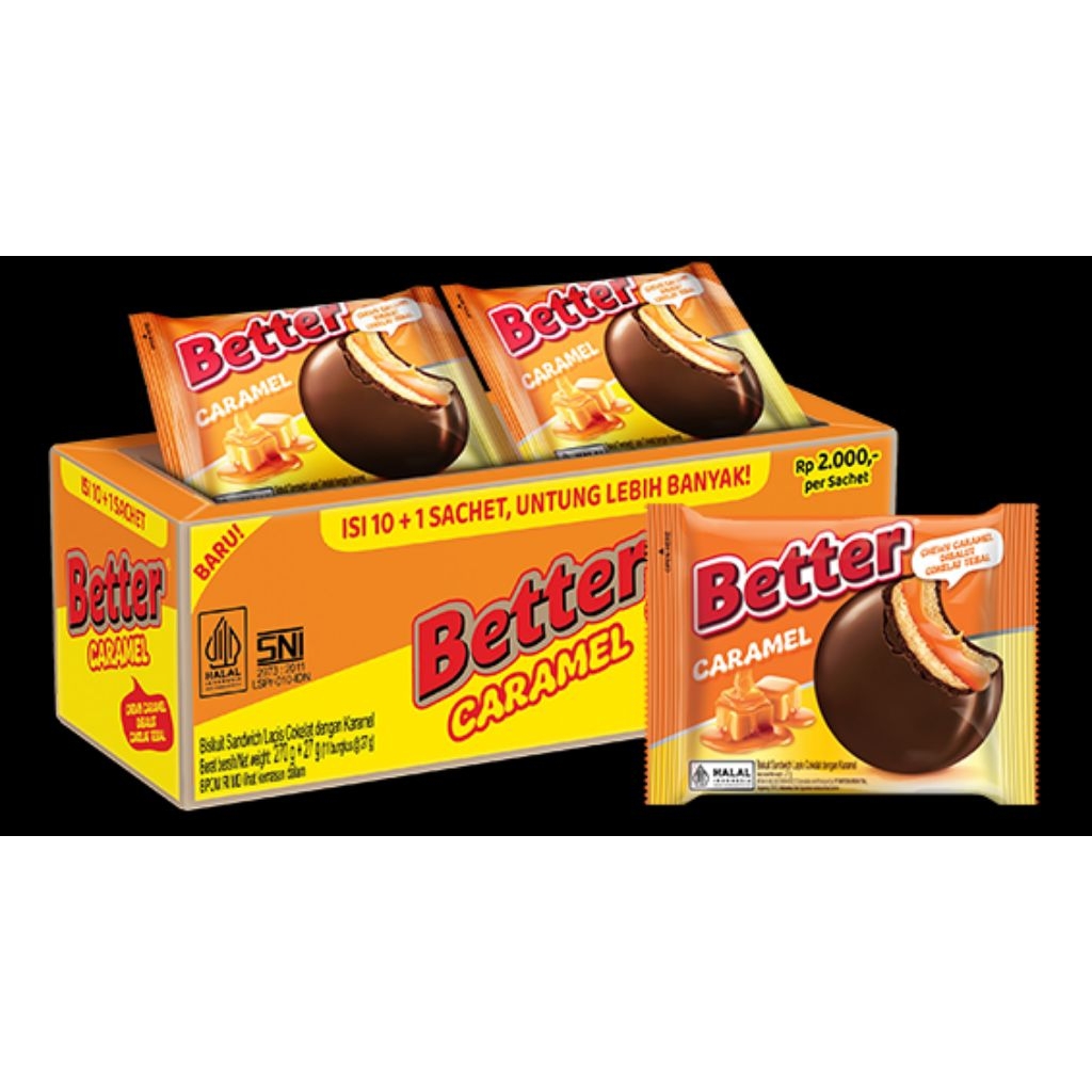 11 Sachet Biskuit Wafel Better Karamel - Coklat Gurih, Krim Vanilla Lembut, Kemasan Praktis