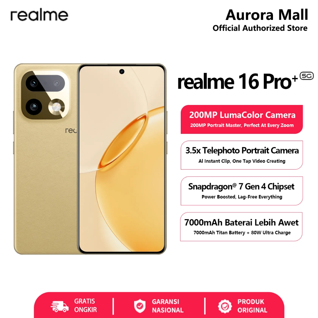 realme 16 Pro+ 5G 12/512GB (12GB+14GB Extended RAM) 200MP Camera HP Android Official Store Handphone