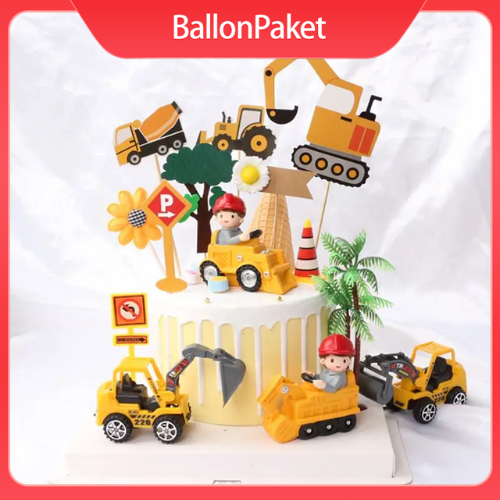 Cake Topper Hiasan Kue Ulang Tahun Bertema Mobil Kendaraan Konstruksi Excavator Dekorasi Cupcake Kue