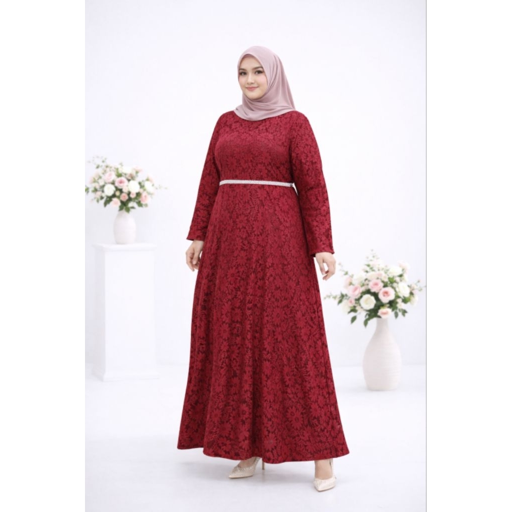 SALE Gamis Brokat Jumbo 2XL Warna Maroon Dress Wanita Muslimah Kekinian Zh