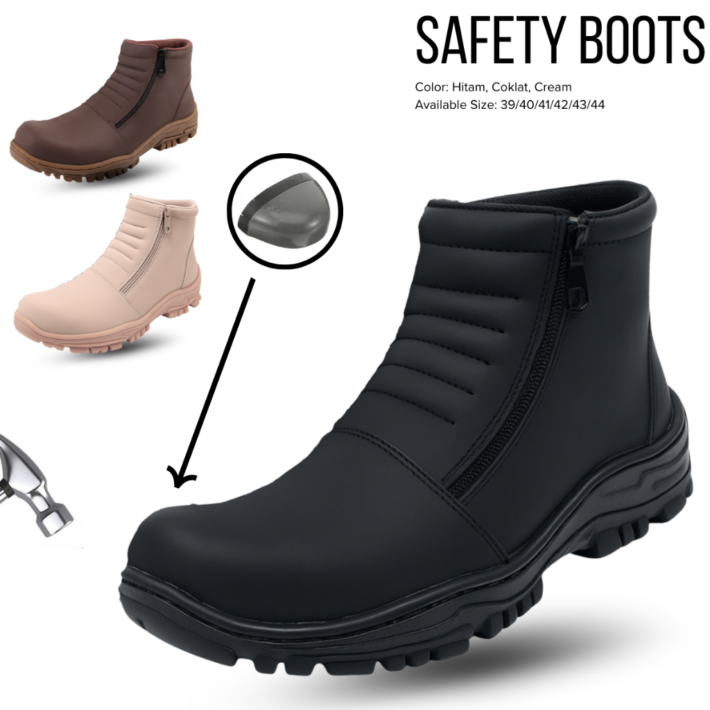 Sepatu Safety Pria Boots Strut Resleting Hitam Coklat Cream - Shoes Men's Boot Septy Ujung Besi Kerj