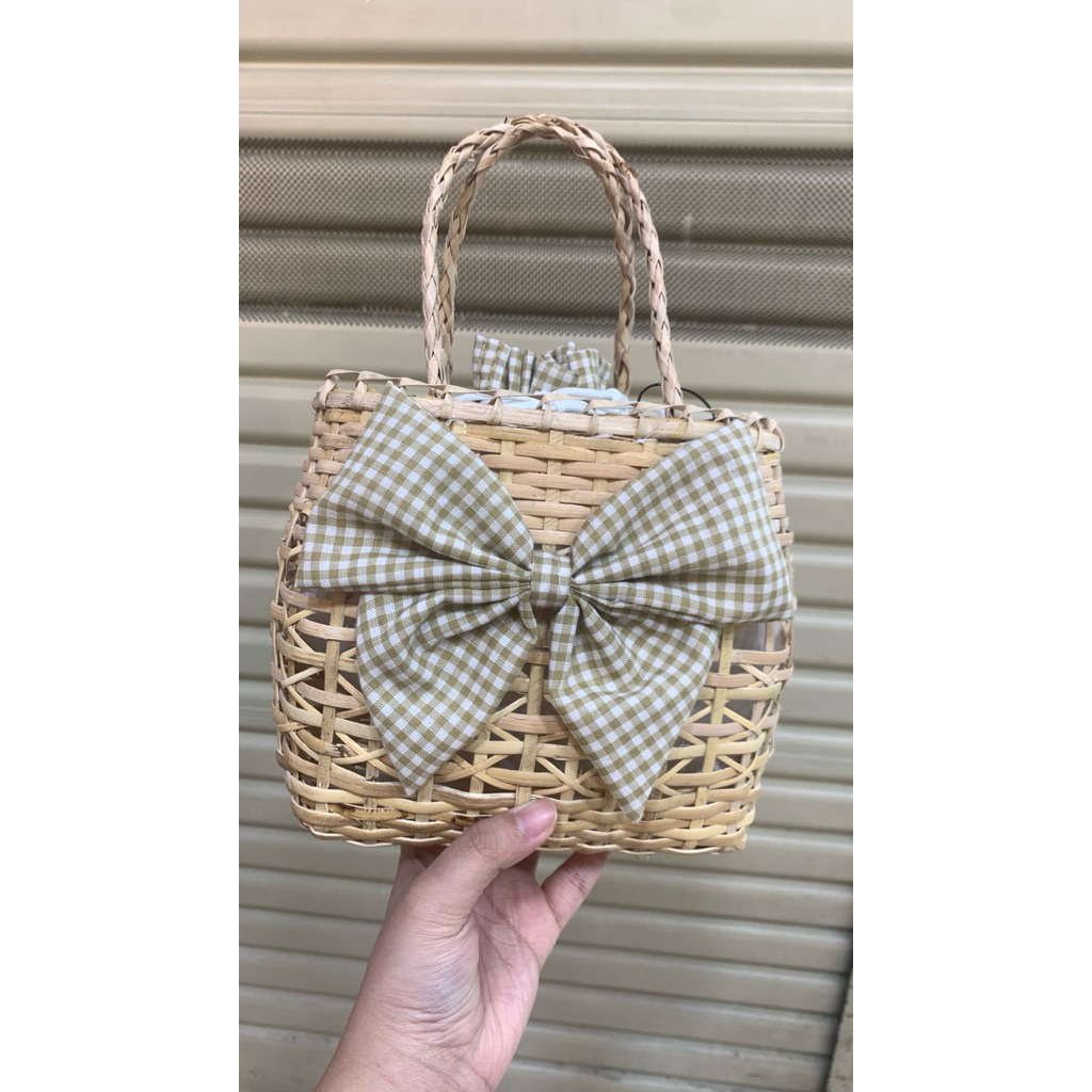 tas wanita anyaman bambu mini woven basket bag