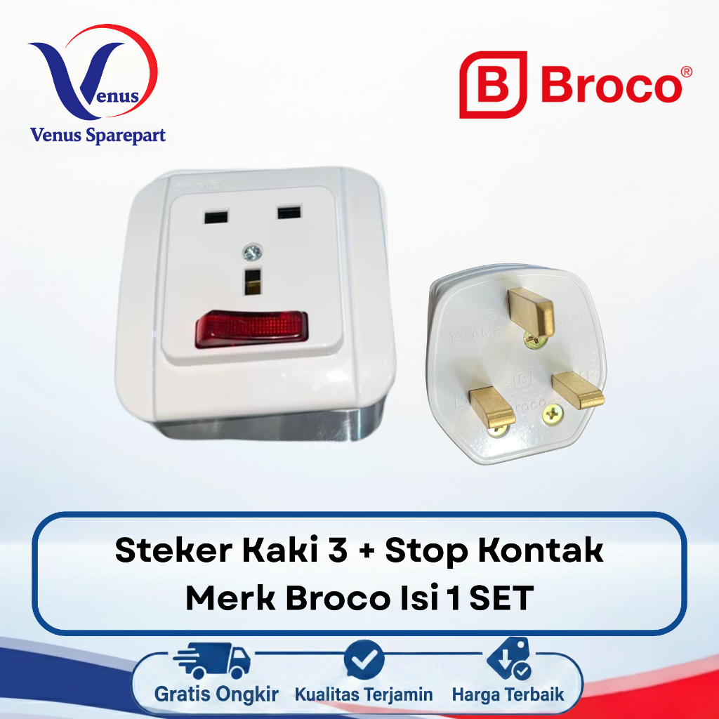 STOPKONTAK + STEKER / COLOKAN AC KAKI 3 BROCO (1 SET)