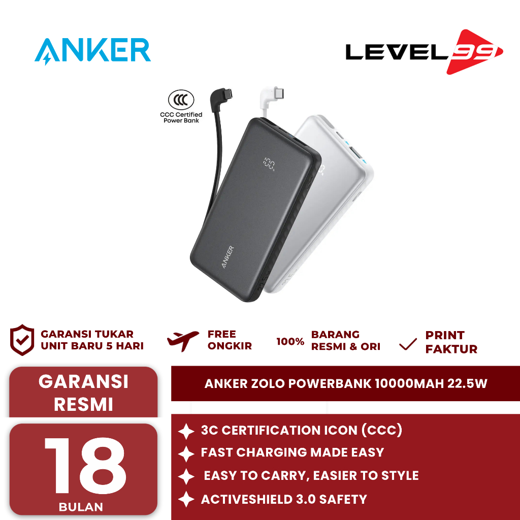 Anker Zolo Powerbank CCC Certified 10.000mAh 3 Port USB type A/C Airplane Friendly Pesawat Built-in 