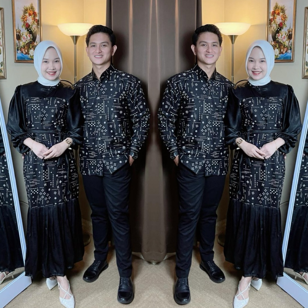 Kamala Hitam Gamis Couple Batik Kombinasi Polos Santorini Silk Premium Lebaran Kondangan Sarimbit Ba