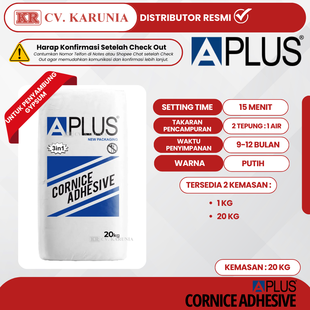 Kompon Gypsum Aplus Cornice Adhesive 20KG (1SAK BESAR) | Plamir Perekat List Profil Gipsum
