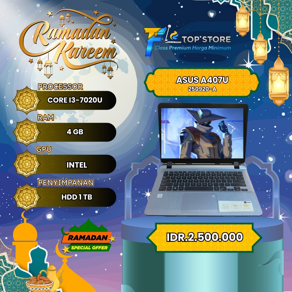 LAPTOP ASUS A407U CORE I3-7020U RAM 4 GB HDD 1TB