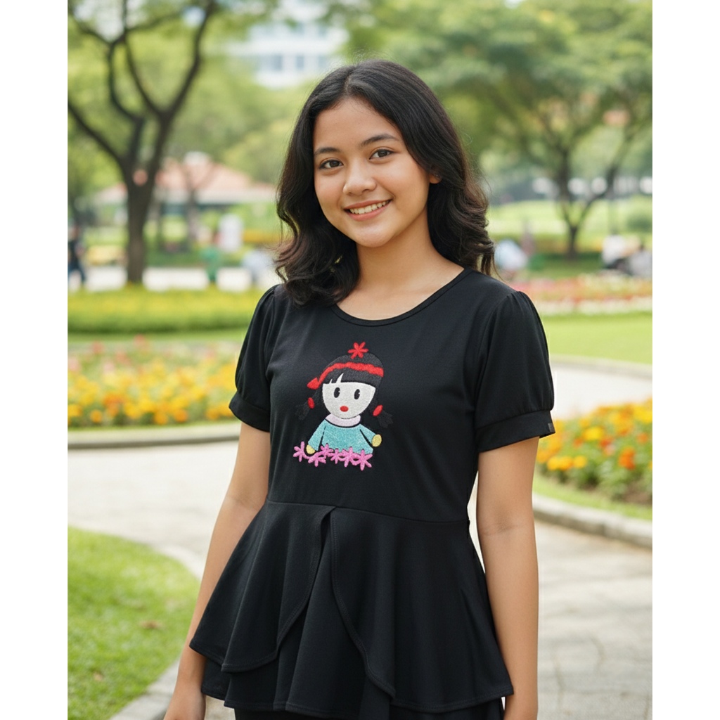 Atasan Kaos Katun Hitam Bordir