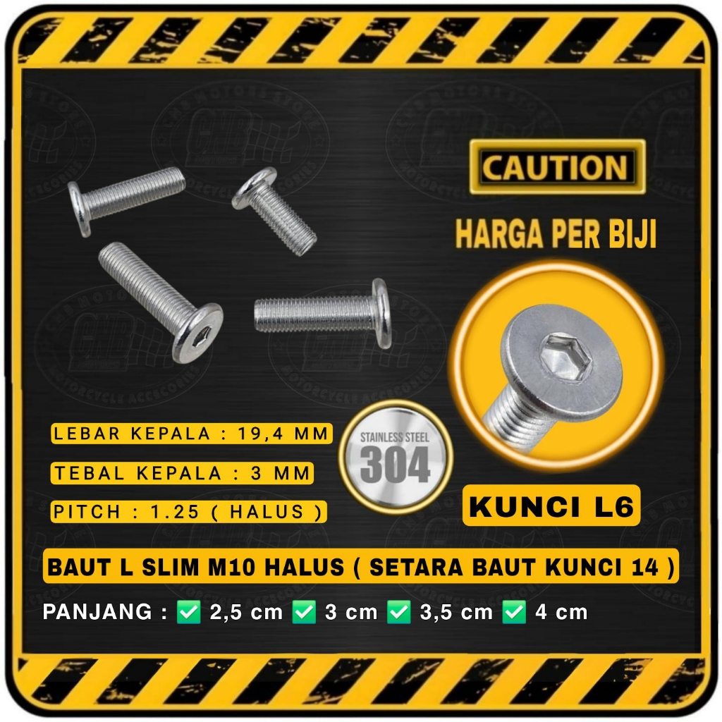 Baut L STAINLESS Slim / Thin M10 Drat Halus ( Setara Baut Kunci 14 | Panjang 2,5 - 4 cm )