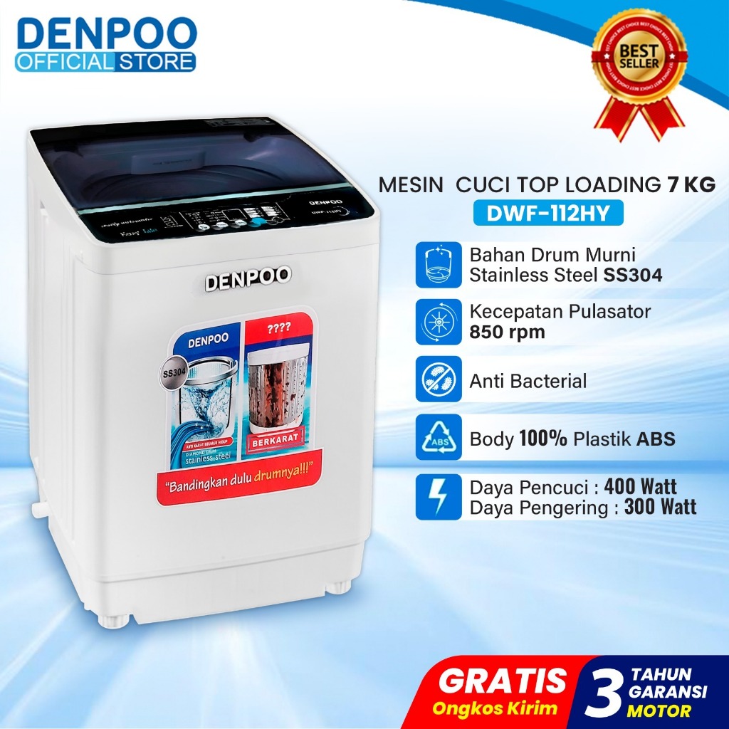 Denpoo Mesin Cuci 1 Tabung Otomatis 7Kg DWF 112HY
