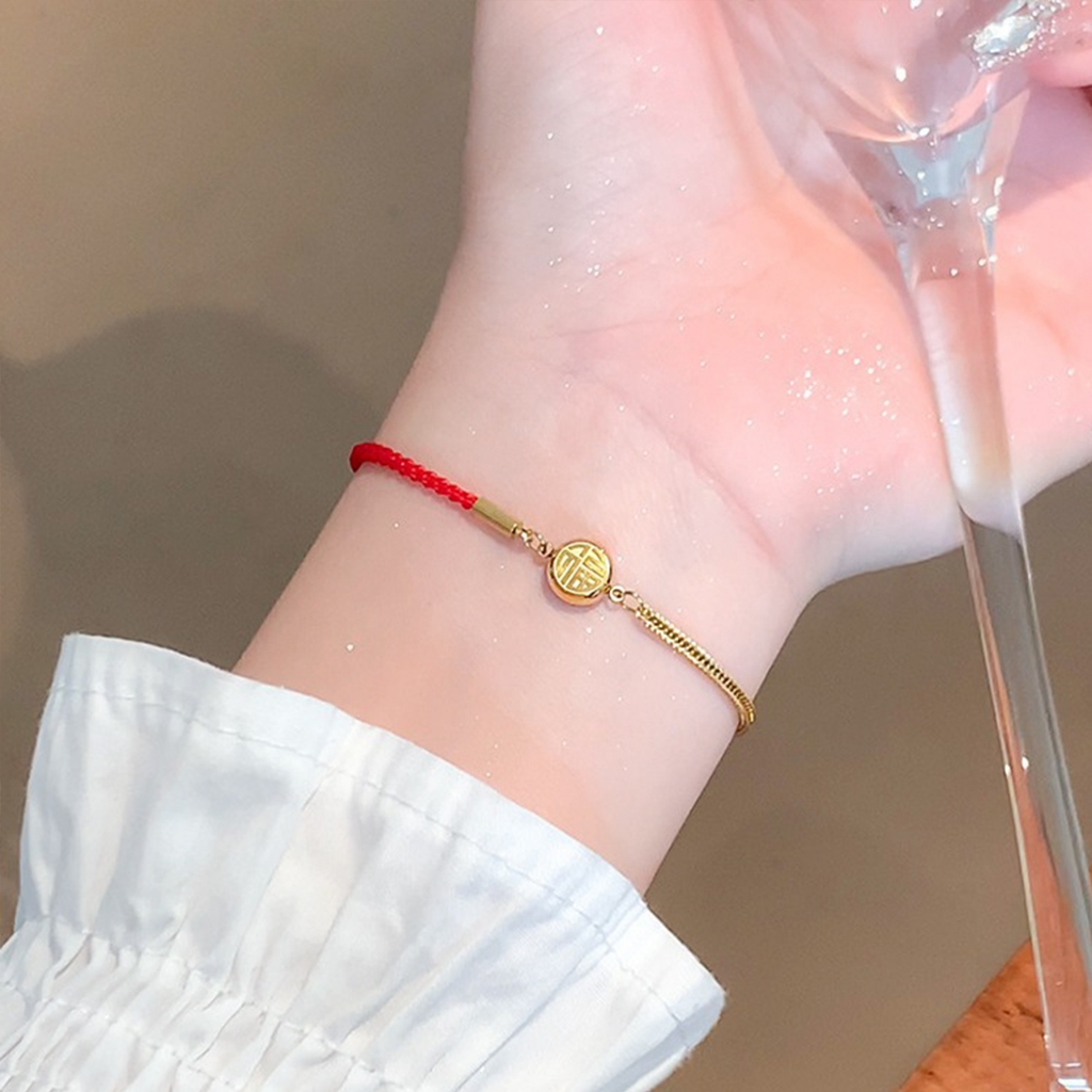 COD Couple Gelang Titanium Tali Merah Liontin Karakter Fu Lapis Emas Berlian Fashion Perhiasan S226