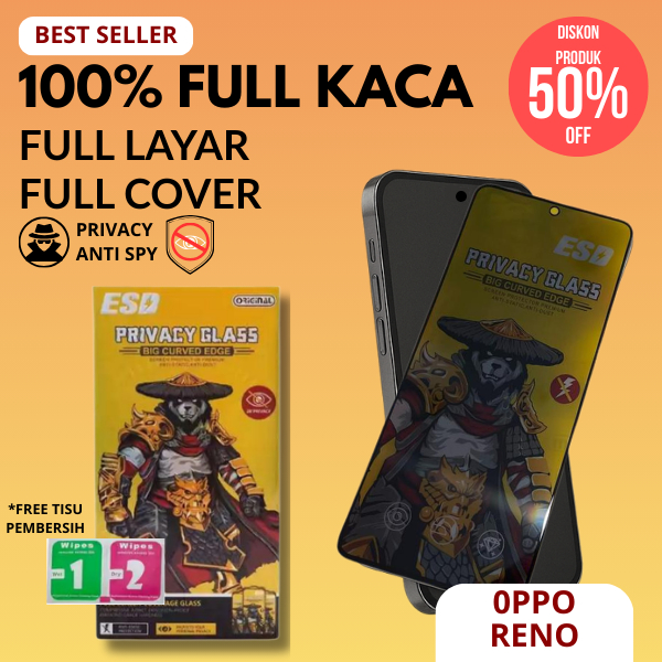 TEMPERED GLASS FOR 0PPO RENO ANTISPY PRIVASI GLOSSY ( DARI SAMPING GELAP ) HITAM FULL KACA COVER LAY