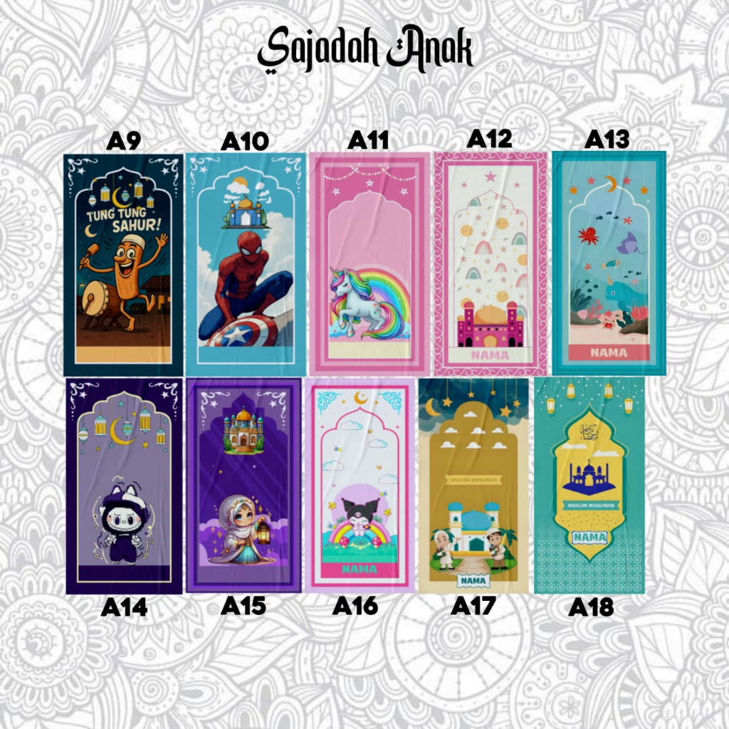 SAJADAH ANAK CUSTOME NAMA KARAKTER LAKI - LAKI DAN PEREMPUAN FULL PRINTING