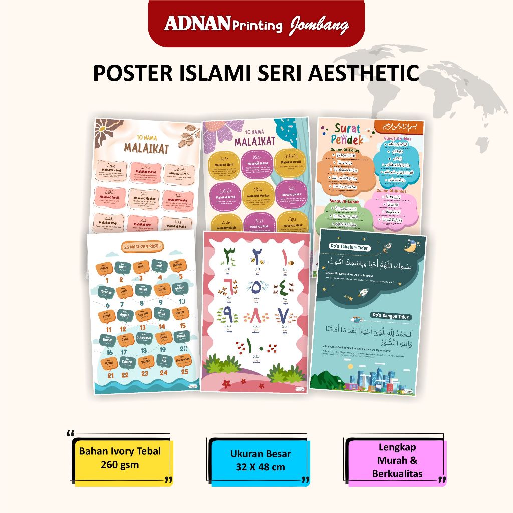 Poster Islami Untuk Belajar Mengaji Anak | Poster Malaikat | Poster Surat Pendek | Poster Kalimat Th