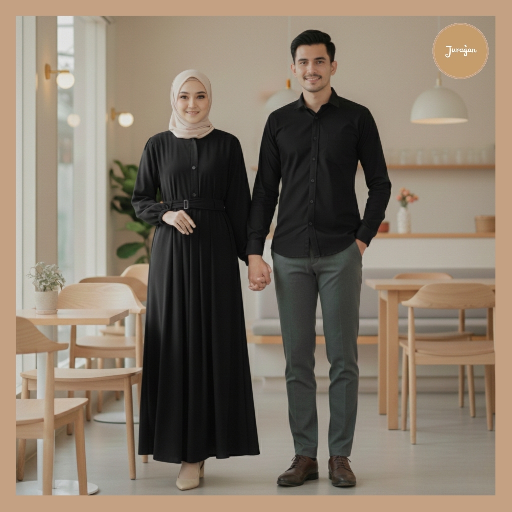Gamis Couple Pasangan Muslim Kekinian Harmonis Hitam by Juragan Baju Muslim