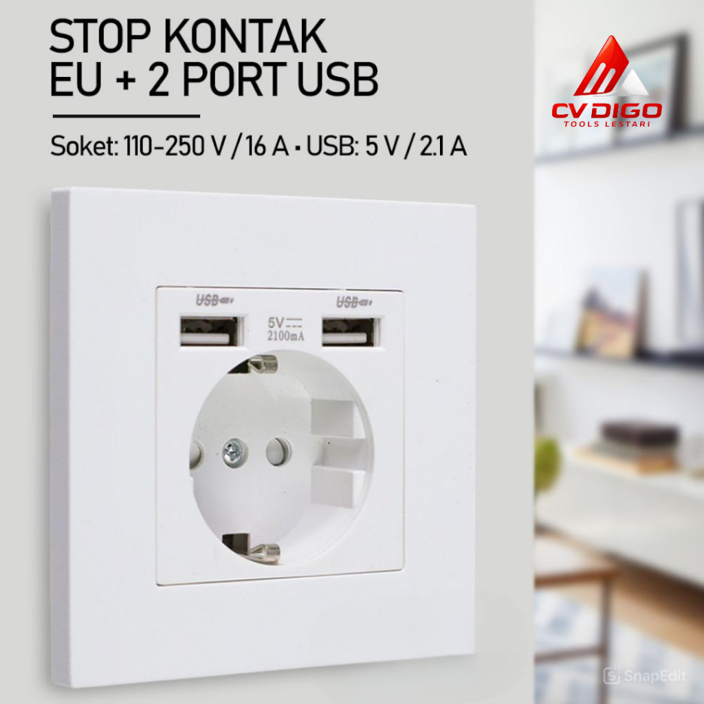 Stop Kontak Dinding Tanam Colokan Listrik Dinding dan 2 Port USB 2100 Wall Socket