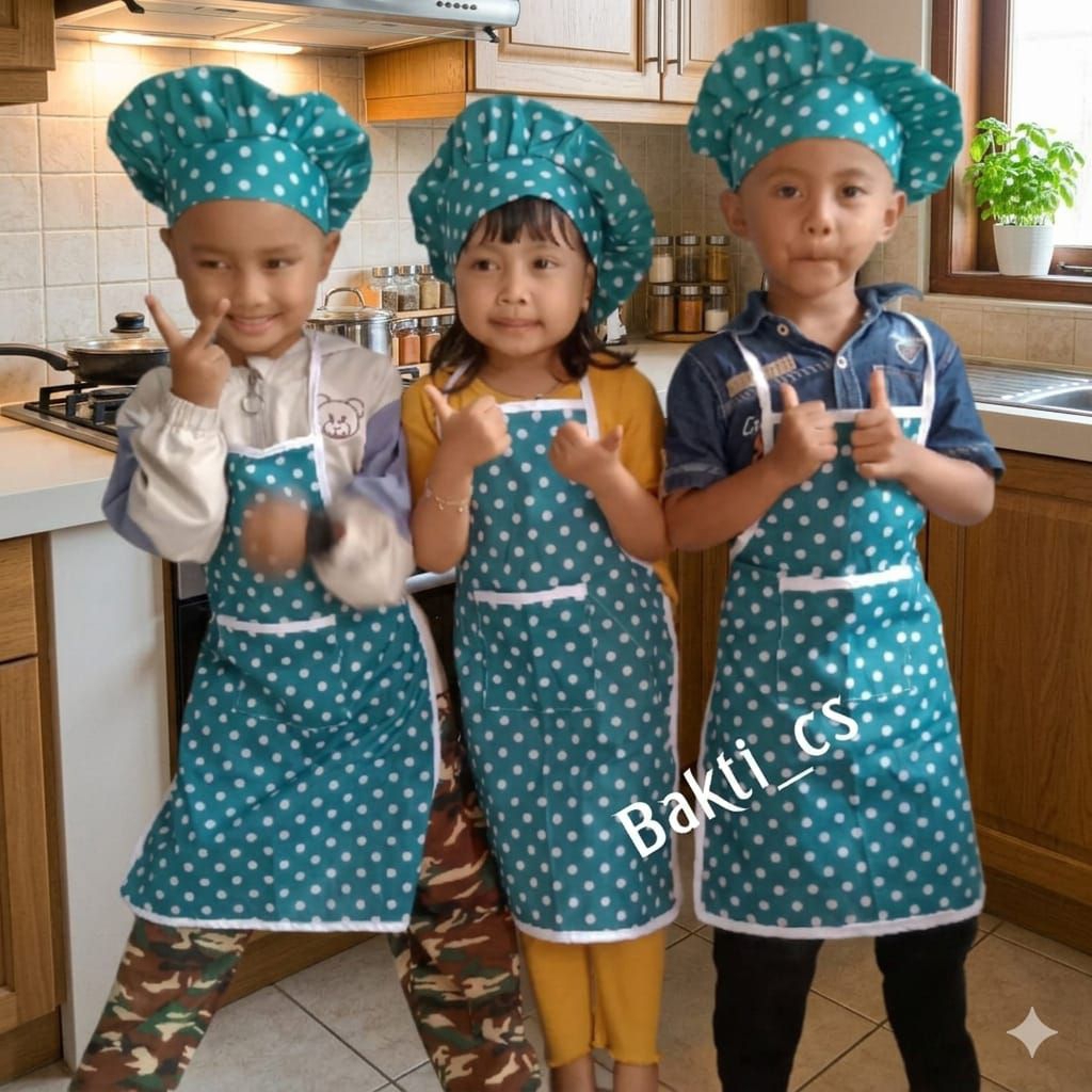 CELEMEK ANAK TK+SET TOPI CHEF KOKI (MOTIF POLKADOT)