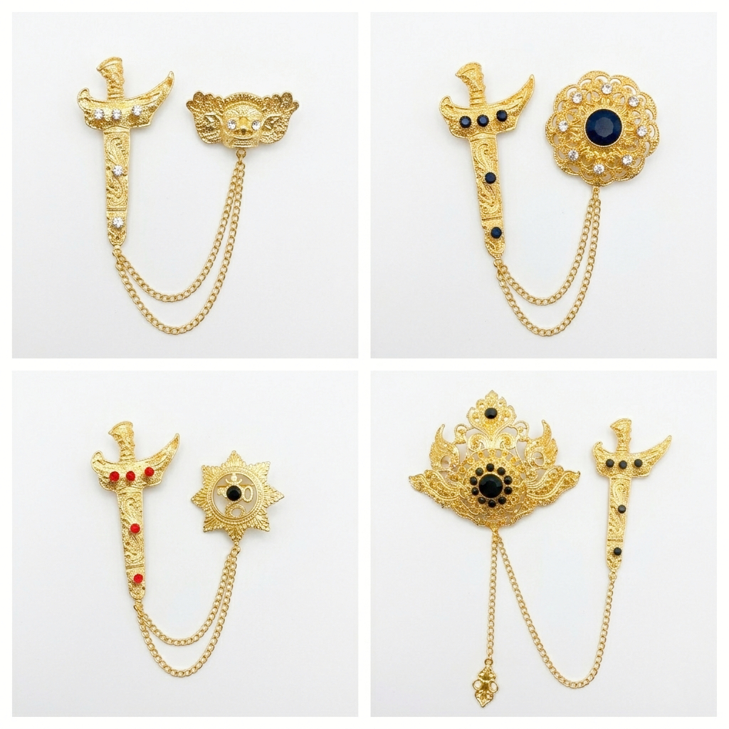 Bros / Pin Pengantin Pria Formal Alpaka Lapis Emas Keris Barong Safari Bali