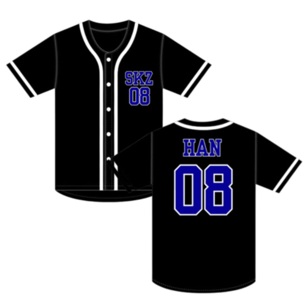 Jersey baseball straykids font biru baju softball hitam KPop korea