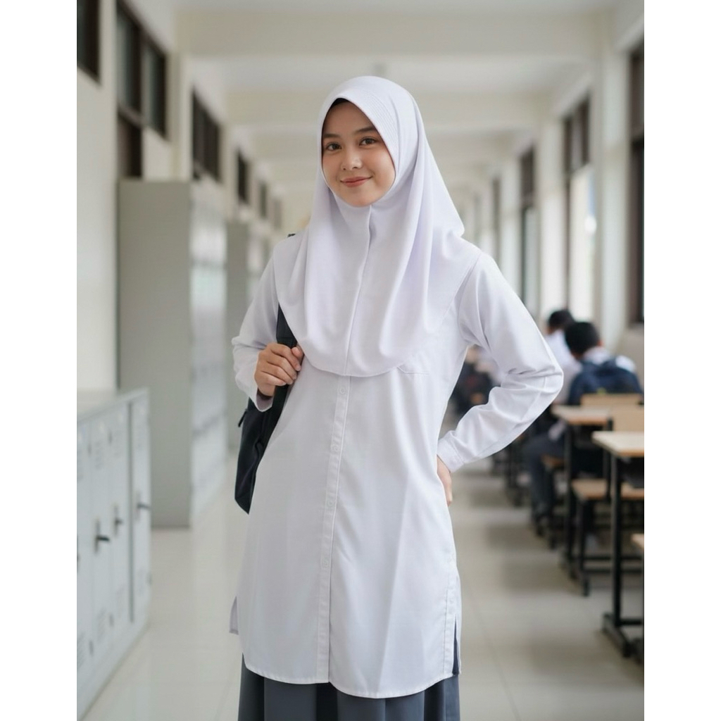 Tunik Kemeja Santri Sekolah Kerja Wanita Remaja Putih Hitam Kekinian Lengan Panjang Kancing Saku Nya
