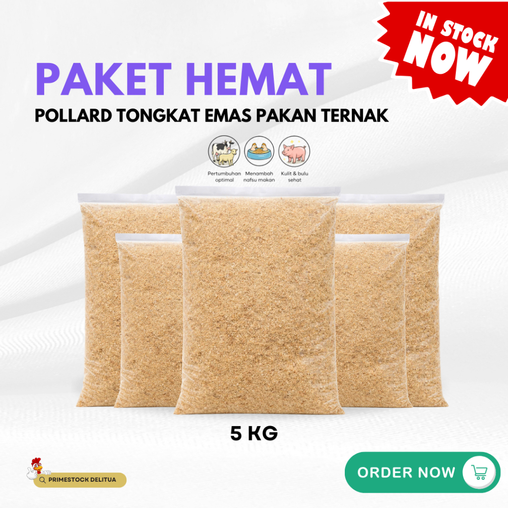 Paket Hemat Pollard Tongkat Emas 5 Kg (5 Bungkus x 1 Kg) – Dedak Gandum Halus Pakan Ternak