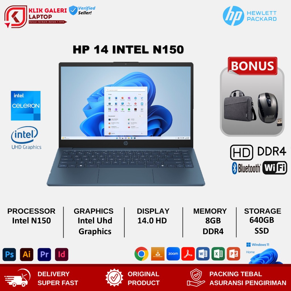 Laptop baru Hp 14S Intel N150 RAM 16GB SSD 512GB 14 Inch Windows 11 Laptop Murah