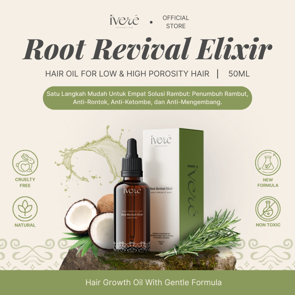 IVERE ROSEMARY OIL ROOT REVIVAL ELIXIR (FREE GIFT) Hair Oil Untuk Rambut Rontok, Tipis & Ketombe 50 