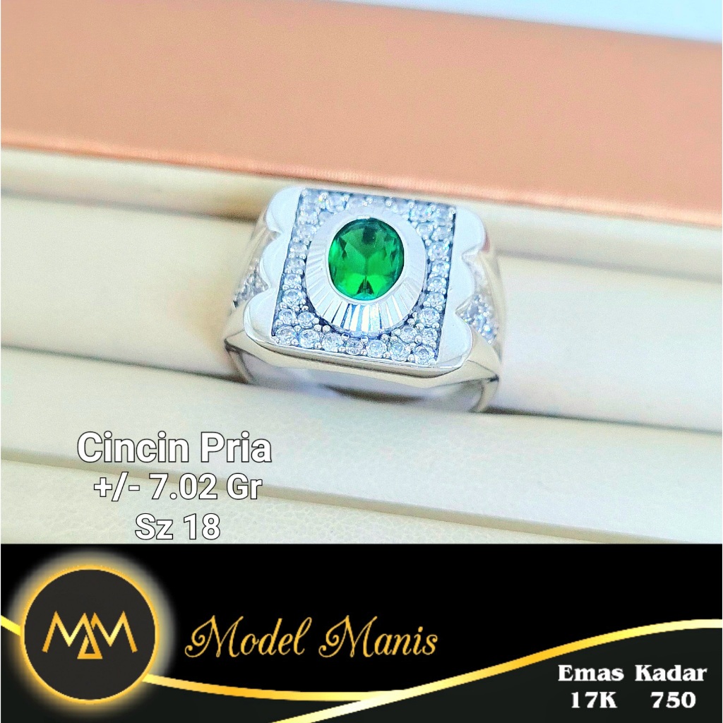 Model Manis Gold - Cincin Pria Kotak Batu Hijau Putih - Emas 17k 750