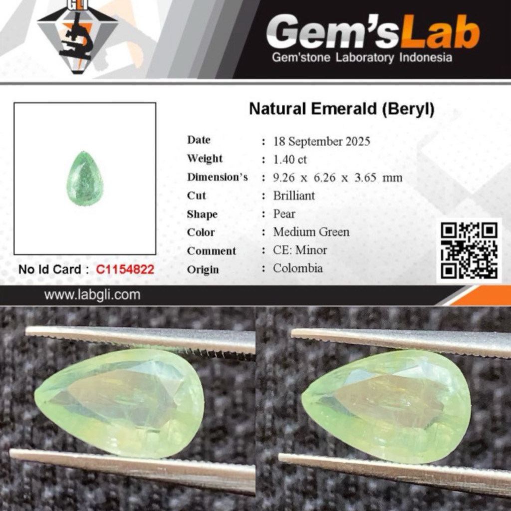 1,40 cts Natural Colombia Emerald Beryl (Zamrud) CE Minor Memo GLI