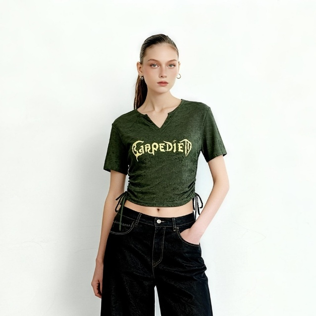 [CLEARANCE SALE] Kaos Army Crop Top V-Neck Tali Serut Wanita 525 – MEIN
